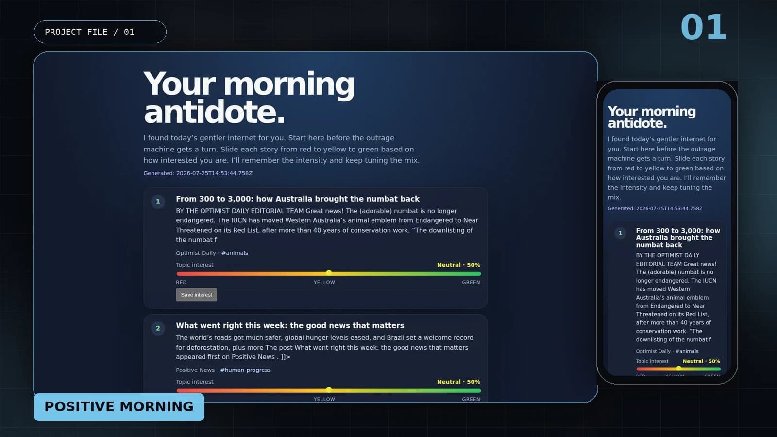 Positive Morning shown across desktop and mobile product views