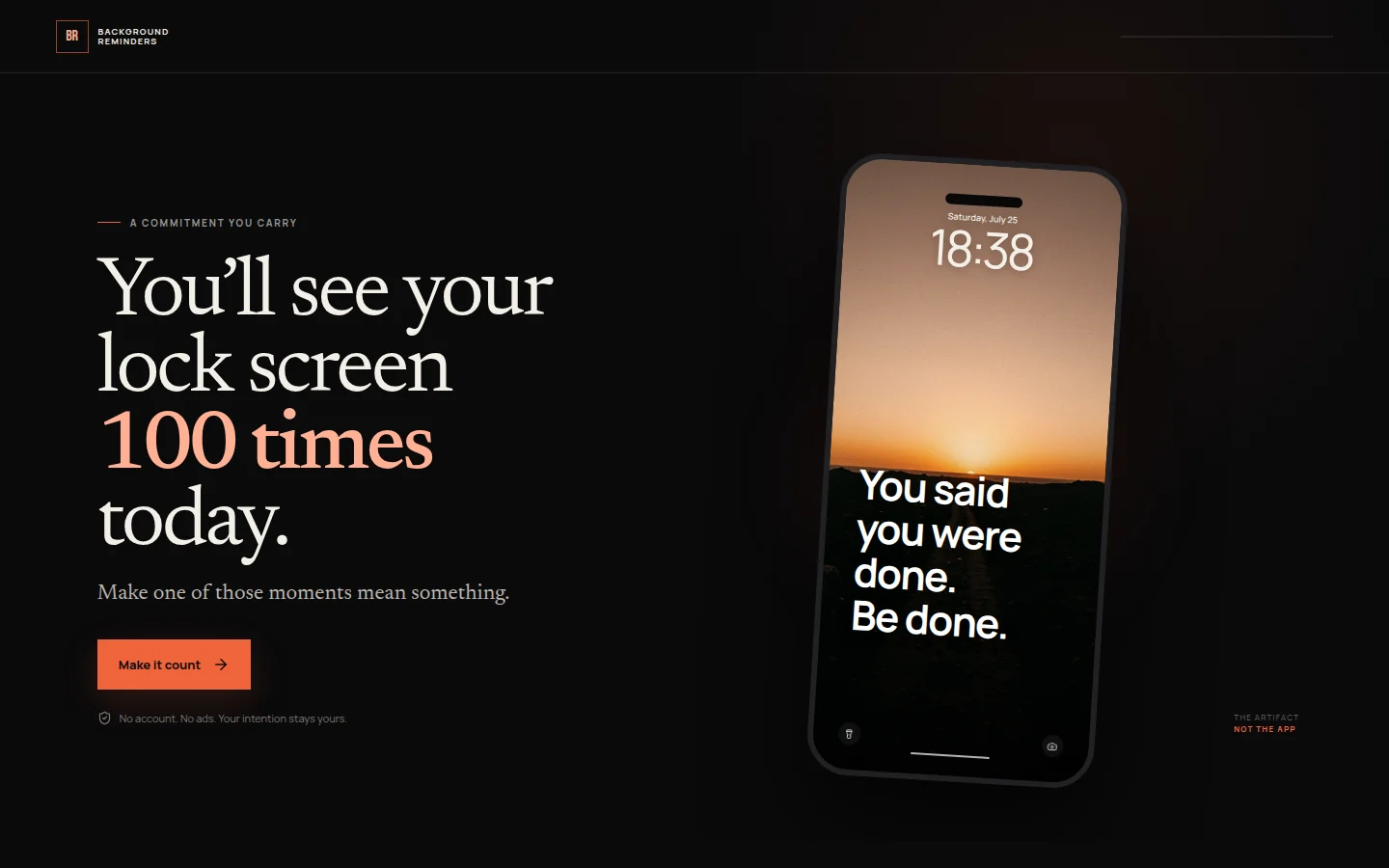 Background Reminders landing page with a commitment wallpaper on a phone