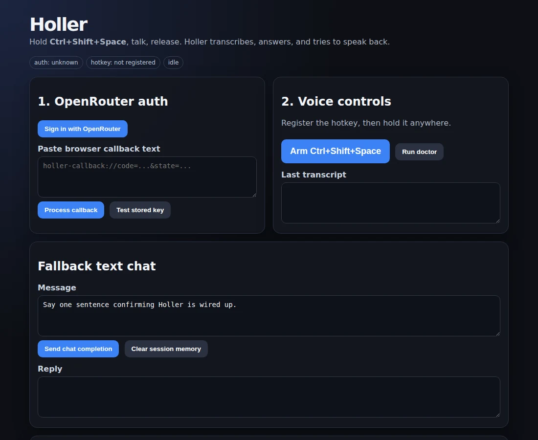 Holler desktop diagnostic interface in its unauthenticated state