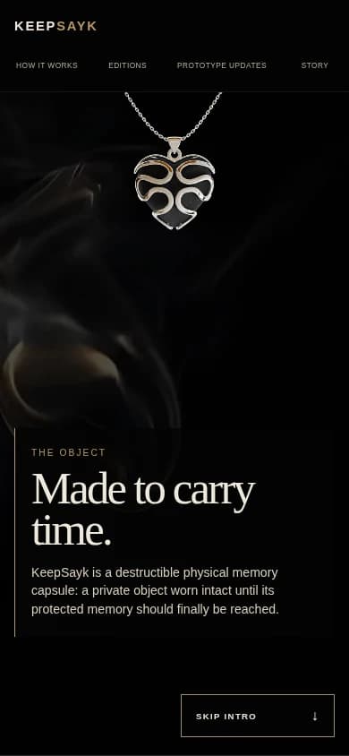 KeepSayk mobile product story with the locket visible above the Made to carry time message